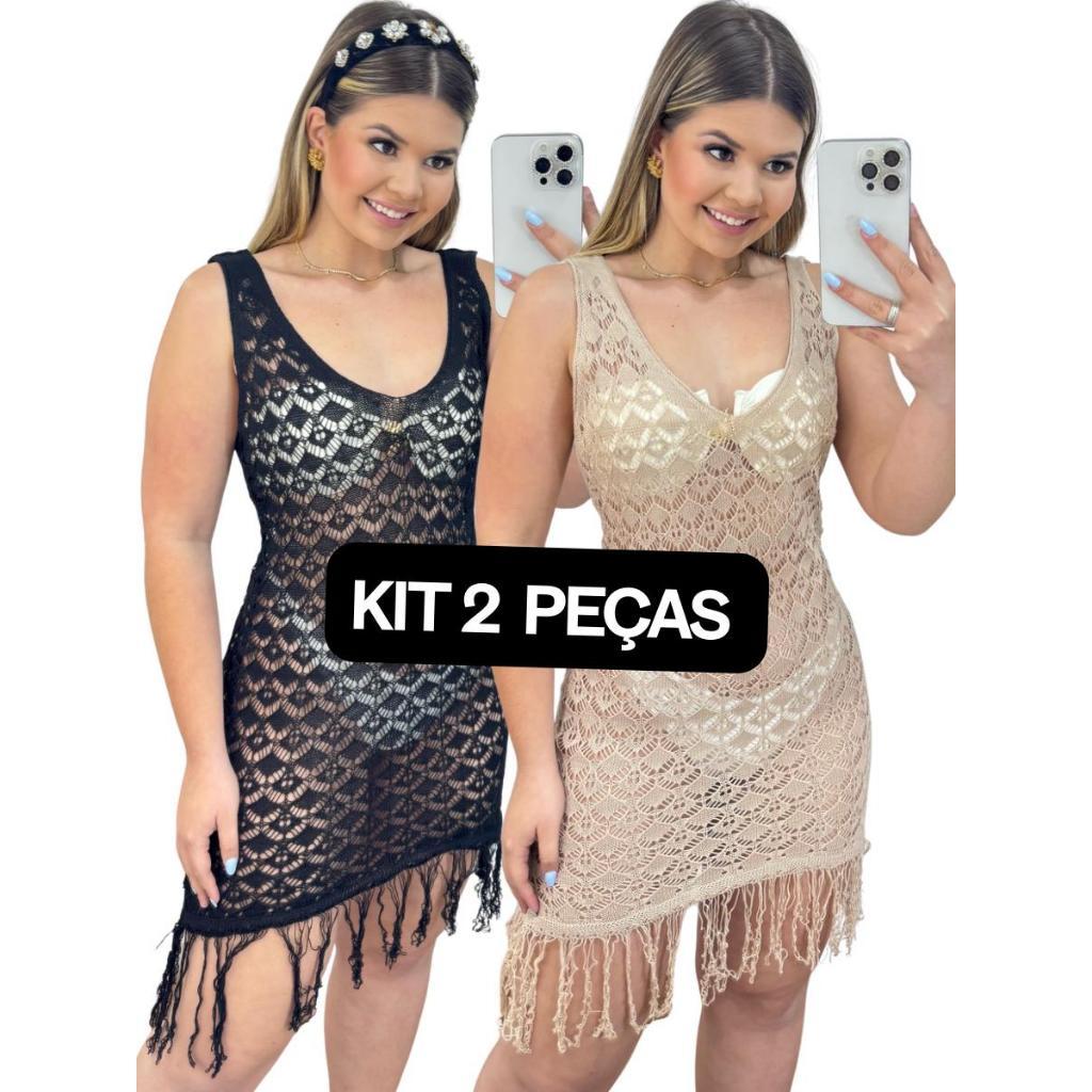 KIT 2 Saida De Praia Feminino 1 Peça Tricot HELEN Vestido Feminino Franja Roupa Feminina Verão