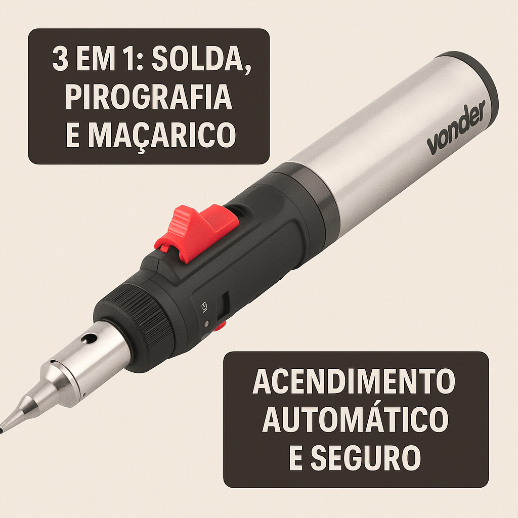 Maçarico Portátil 3 em 1, Ferro para Solda, Soprador Térmico Pirógrafo, Até 1.300°C, Butano - VONDER