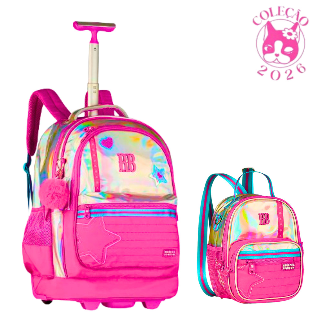 Kit Mochila de Rodinhas com Lancheira 2 em 1 Rebecca Bonbon Holo Shine Cor:Rosa