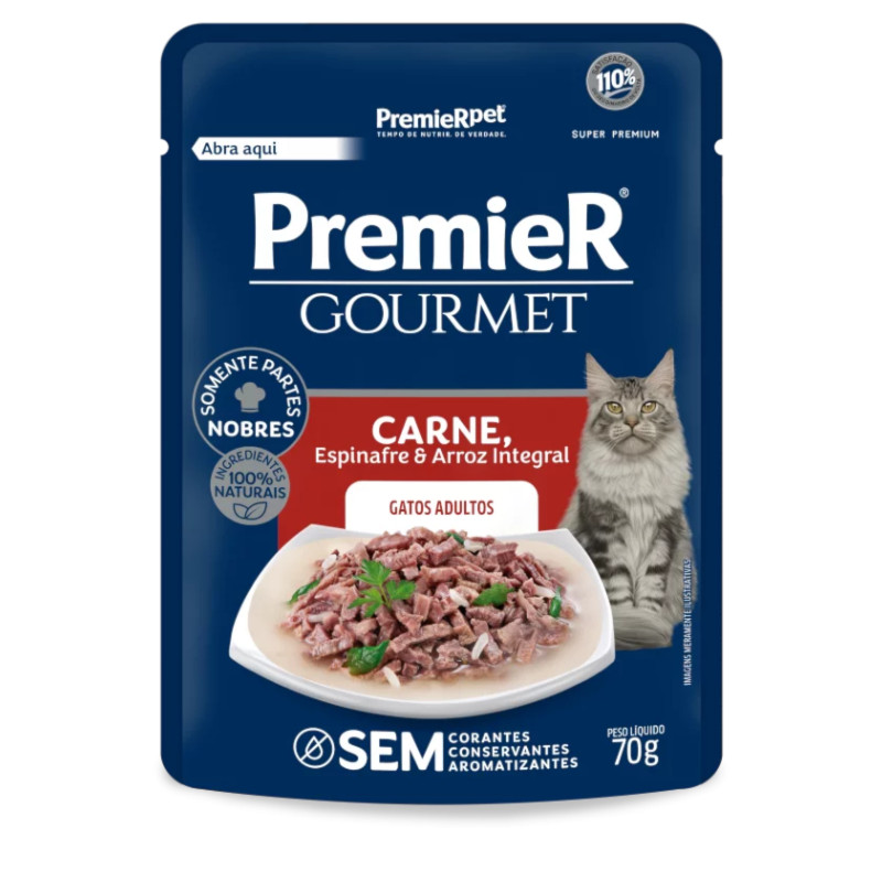 Ração Úmida PremieR Gourmet Gatos Adultos Carne, Espinafre e Arroz Integral 70gr