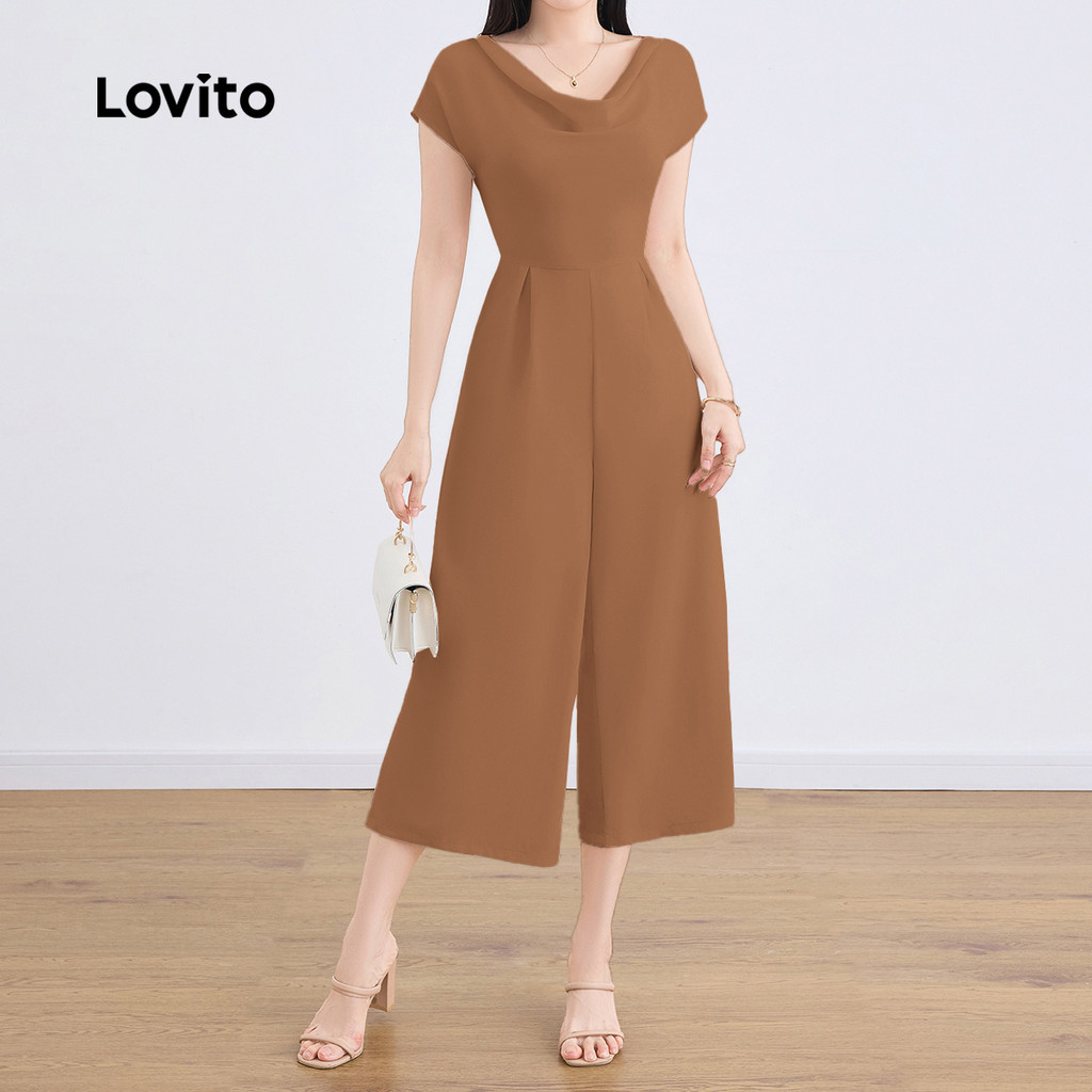 Detalhes do Lovito Macacão Elegante com Pregas Primavera/verão Marrom para Mulheres L149LD293