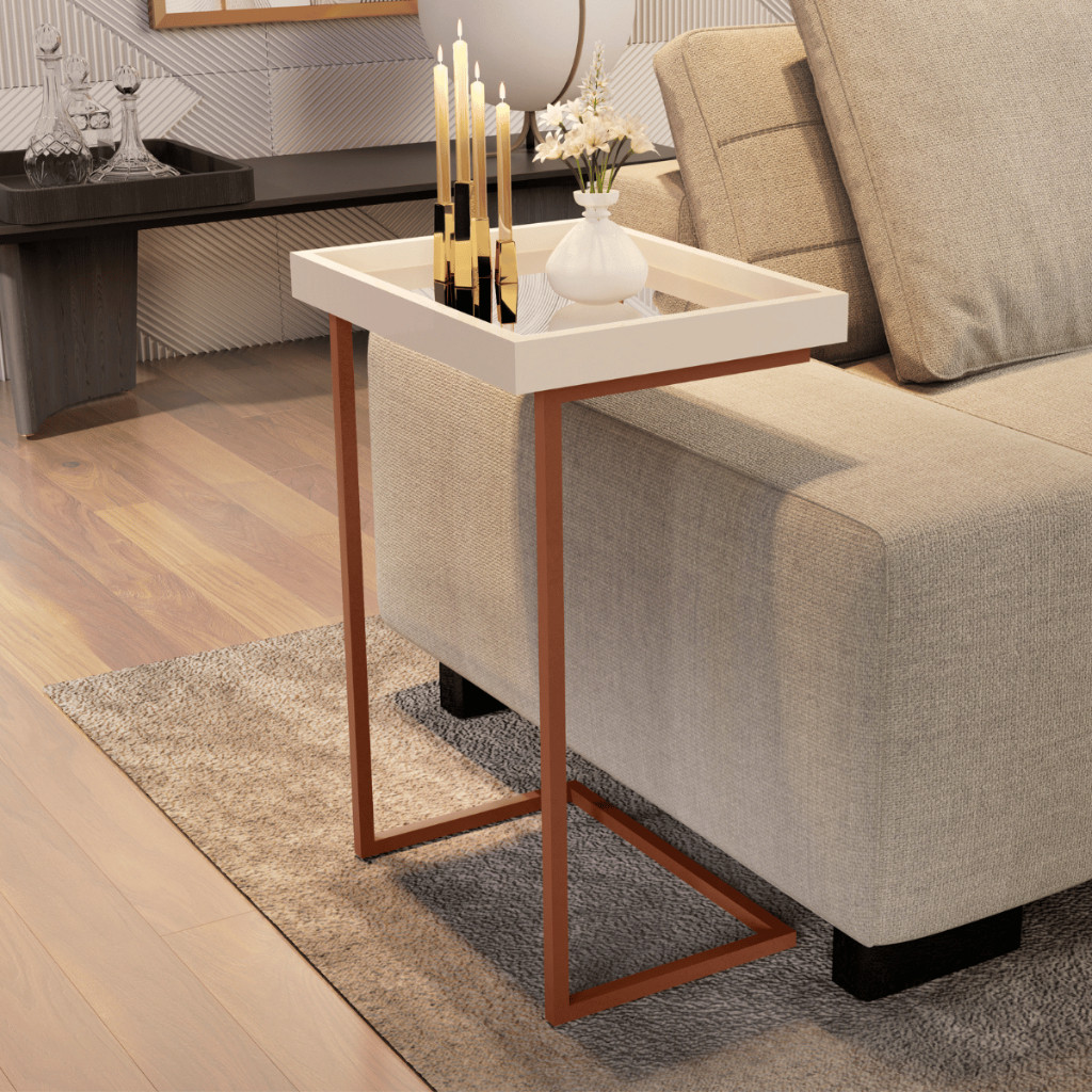 Mesa Lateral Espelhada Apoio Sala Sofá com Pés de Ferro Decoração Resistente Elegante e Moderna