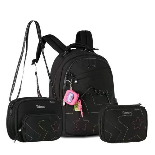Kit Luluca Com Mochila + Estojo Box + Lancheira Térmica Juvenil Escolar Clio Style Roxo Preto Rosa