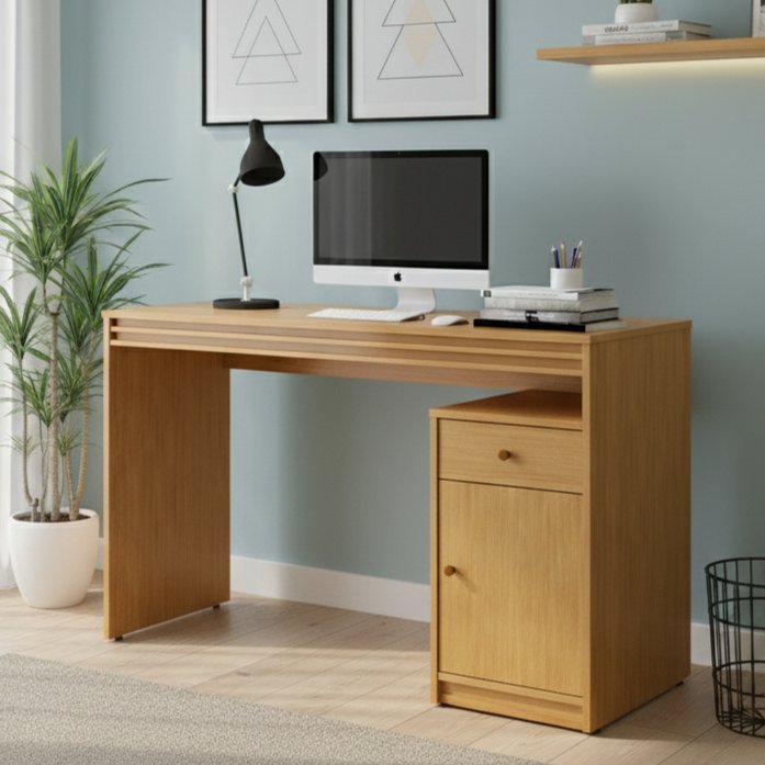 Escrivaninha Mesa Escritório 120cm 1 Porta 1 Gaveta 100% MDF Madrid Naturalle em Oferta na Shopee