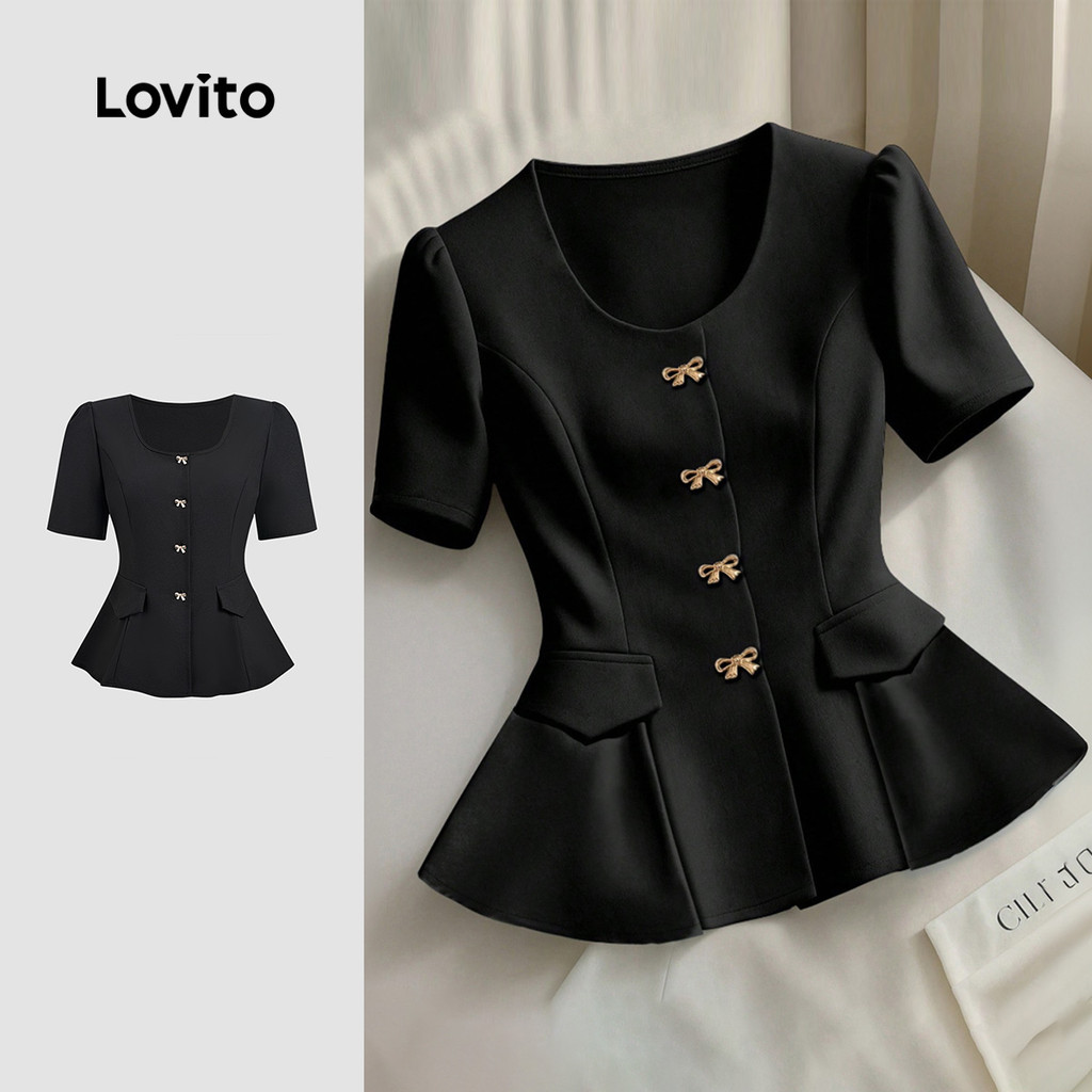 Lovito Blusa Elegante com Laço Na Frente Blusa Exquisita de Primavera/verão Preta para Mulheres L158ED1583