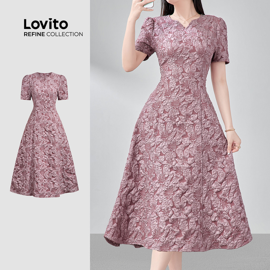 (Lovito Refine) Vestido Elegante Jacquard Primavera/verão Cinza Rosa para mulheres LR23E326
