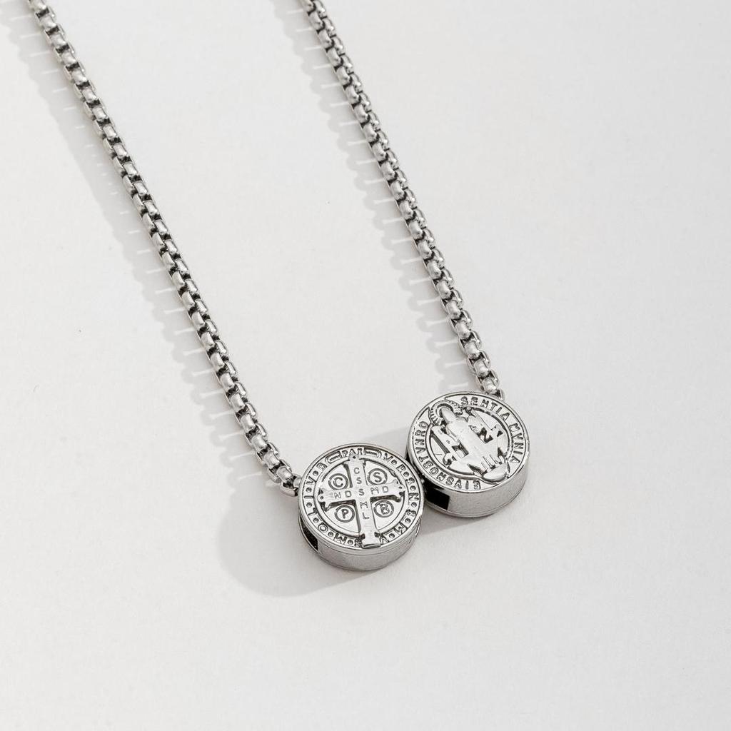 Colar Masculino Corrente Veneziana Escapulário São Bento Prata em Aço Inoxidável