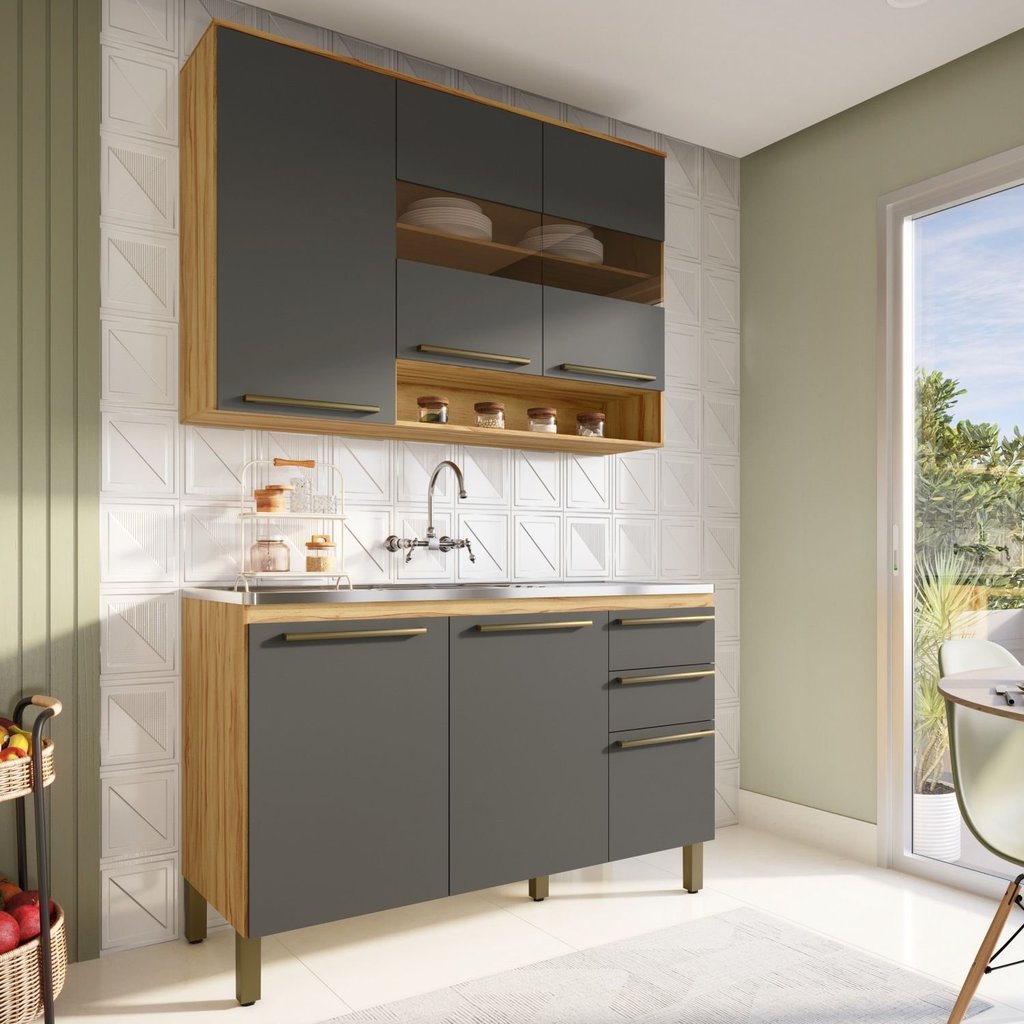 Cozinha Compacta 100% Mdf 2 Peças 6 Portas 2 Gavetas sem Tampo com Vidro Itália Espresso Móveis Amêndoa/Chumbo em Oferta na Shopee