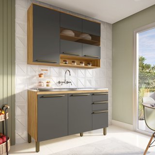 Cozinha Compacta 100% Mdf 2 Peças 6 Portas 2 Gavetas sem Tampo com Vidro Itália Espresso Móveis Amêndoa/Chumbo em Oferta na Shopee