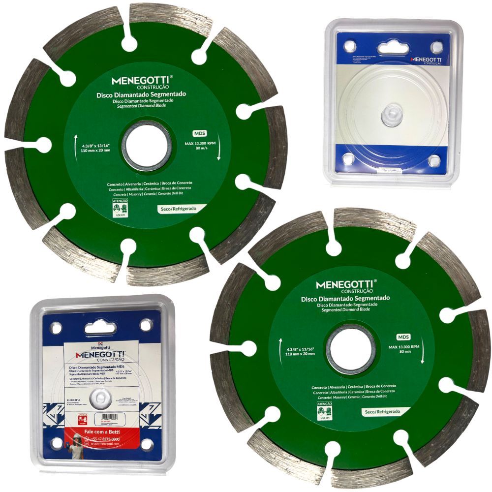 Kit 2 Discos Diamantados Sementados Serra Mármore 4 3/8" 110mm com Bucha Redutora 20x16mm Menegotti