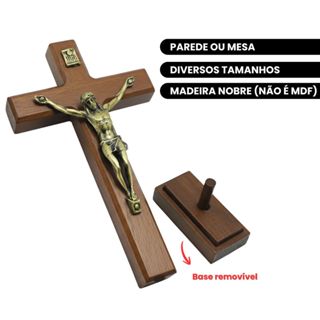 CRUCIFIXOS DE PAREDE OU MESA EM MADEIRA COM CRISTO EM METAL OURO VELHO em Oferta na Shopee