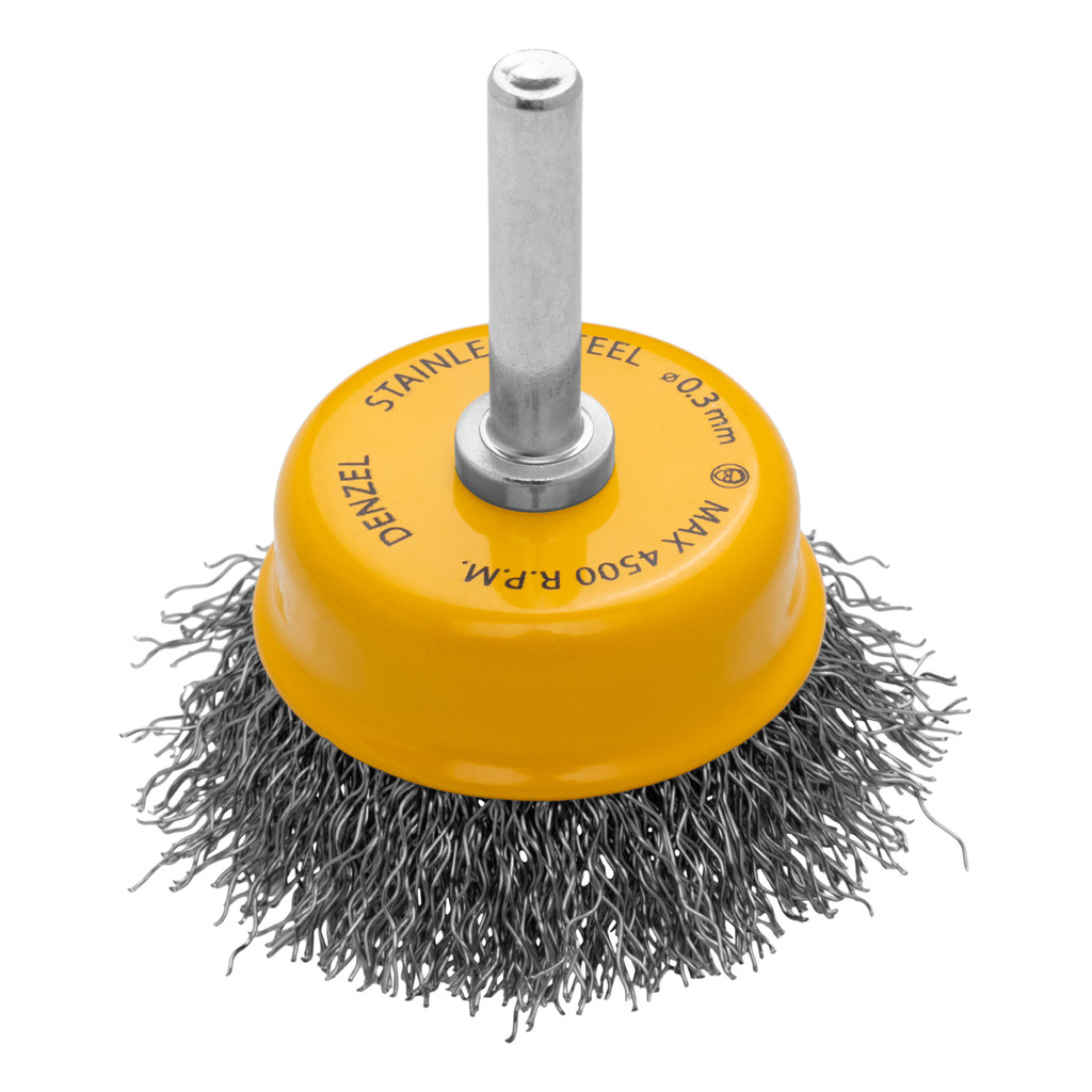 ESCOVA TIPO COPO 50 MM, COM HASTE DE 1/4 6 MM, FIOS ONDULADOS INOX DE 0,3 MM//DENZEL