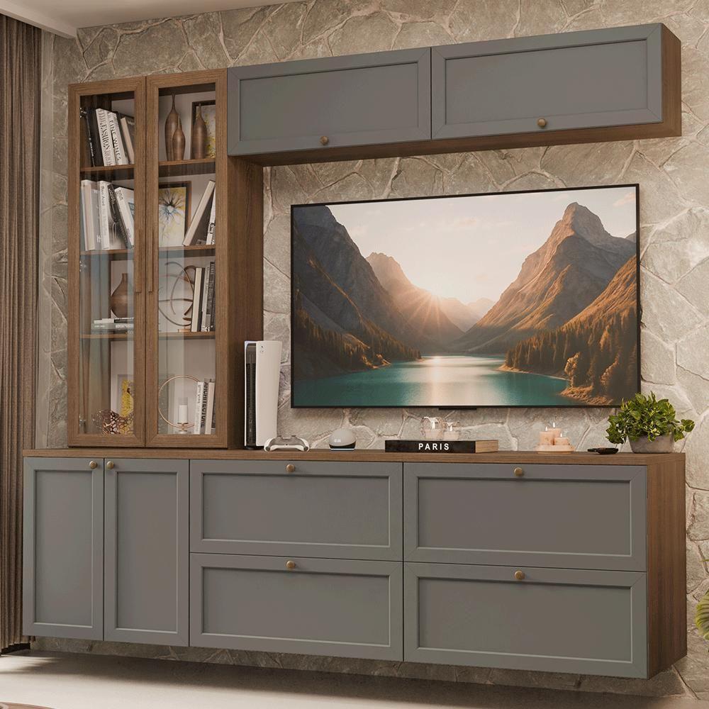Estante Sala De Estar Com Rack + Cristaleira 230cm Vik Madesa 02 Rustic-cinza