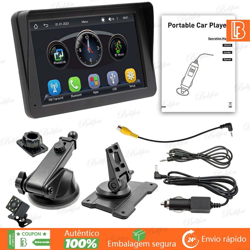 MP5 para Carro Tela 7 Polegadas Touch Bluetooth 5.0 CarPlay Android Auto USB Multimídia 2DIN acessórios de carro