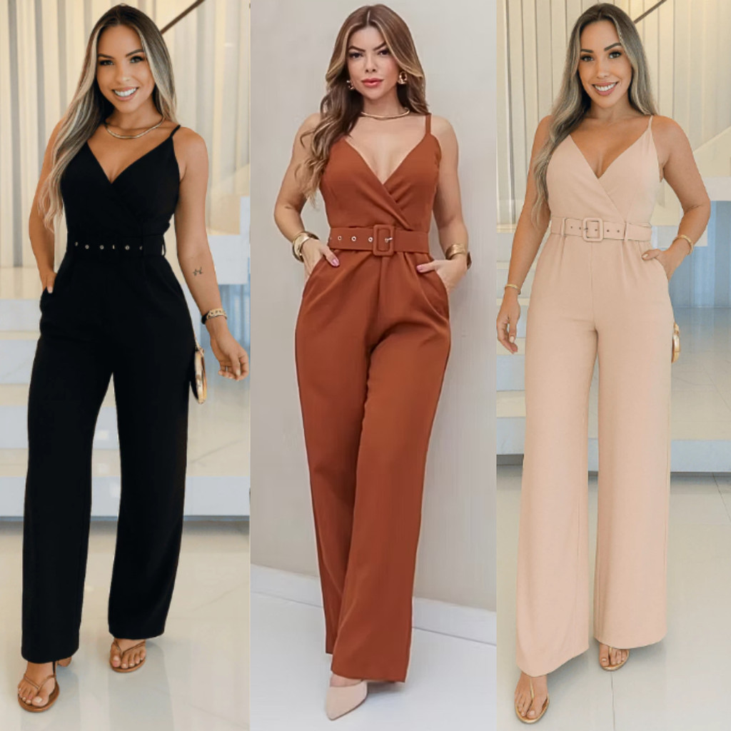 Macacão Feminino Longo Alfaiataria Pantalona Premium Social Alça Fina com Bojo Sem Cinto V...