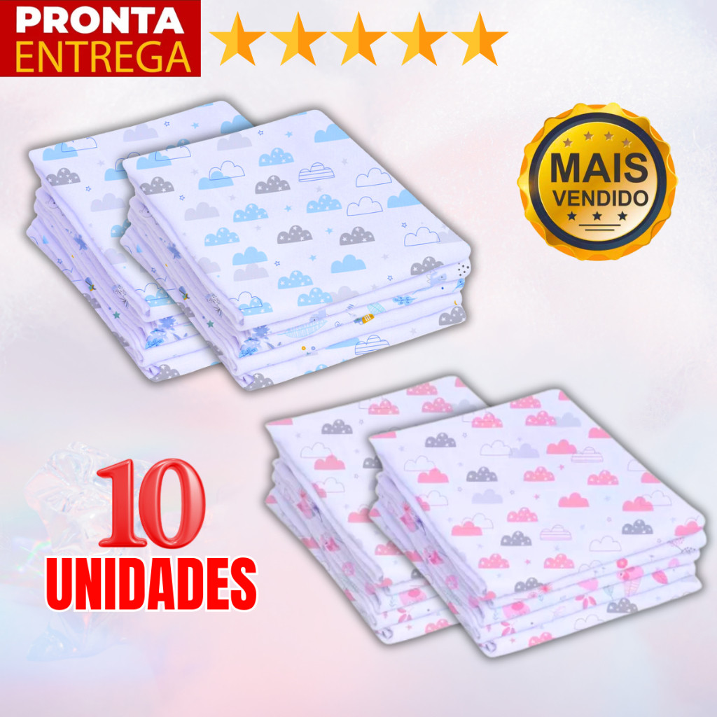 Kit 10 Unidades Fralda De Pano Estampada 60 x 60 Enxoval Infantil Bebê Menino Menina. em Oferta na Shopee
