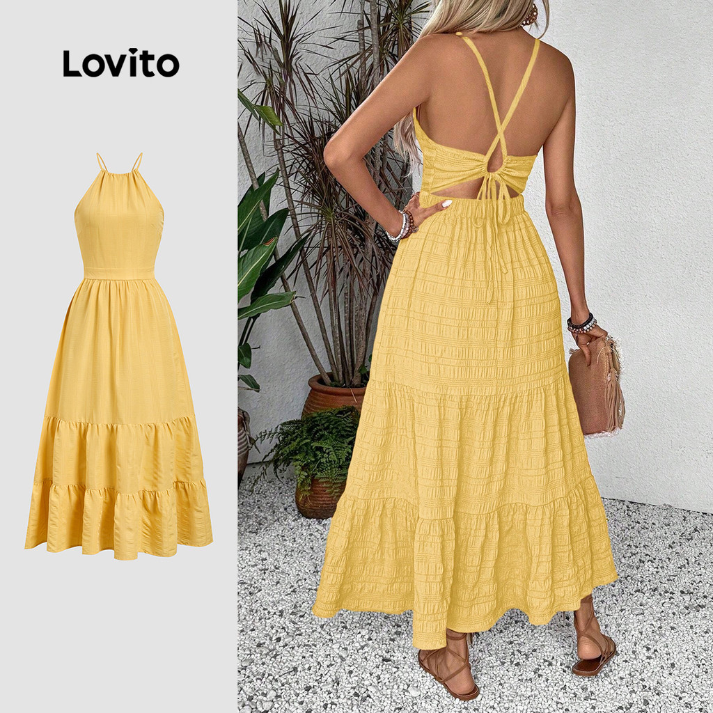Lovito Vestido Longo Amarelo Boho Com Amarração Nas Costas E Barra Com Babados Perfeito Para a Primavera/verão LBL30098 em Oferta na Shopee