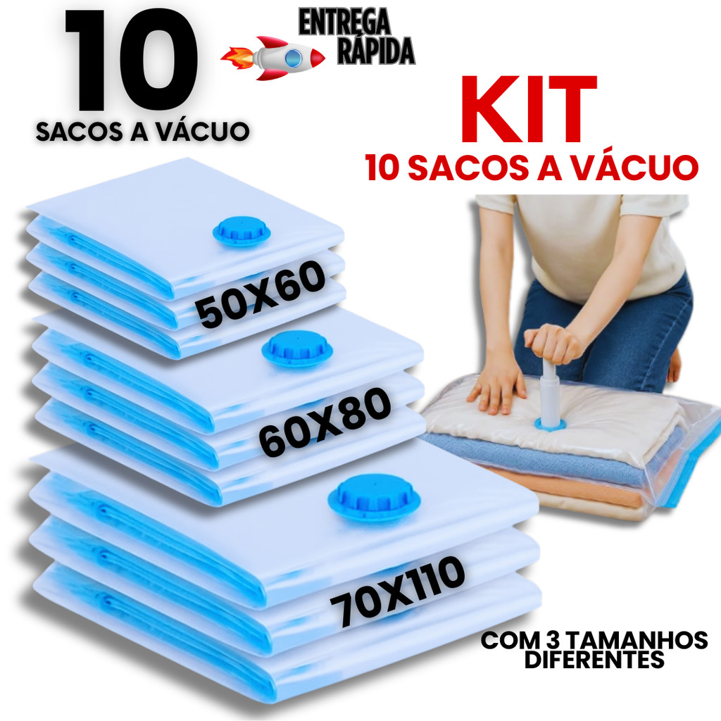 Imagem Kit 10 ou 5 Saco a Vácuo Grande Organizador Edredom Mala Roupa De Cama Com Bomba 50x60 60x80 70x110