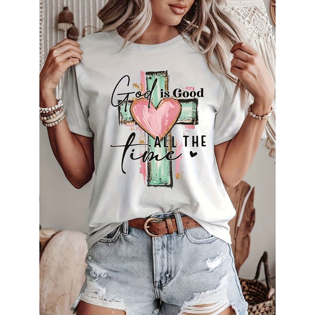 Camiseta Feminina "God Is Good All The Time" Floral Estampa Primavera Verão Confortavel Elegante Inspiradora Casual