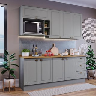 Cozinha Compacta 5 Peças com Balcão Para Cooktop Emily Espresso Móveis Cinza/Nature em Oferta na Shopee