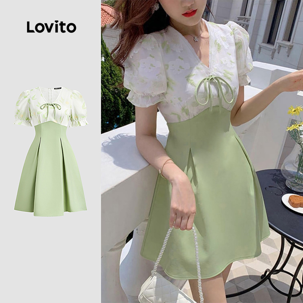 Lovito Vestido Elegante com Blocos de Cores Amarração em Renda para Primavera/verão para Mulheres L154ED1139 em Oferta na Shopee