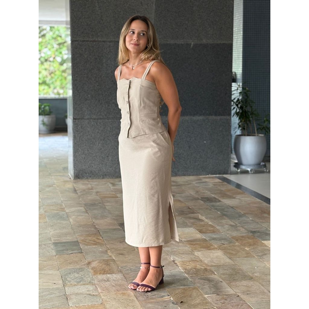 Conjunto Feminino Saia e Blusa Marrant Social Estilo Office Com Bolso e Cinto Regulagem Na Alça