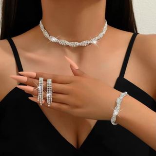 Conjunto De 3 PeçAs De Brincos E Colar Com Pulseira De Diamantes Elegante E Brilhante Para Festa De Casamento em Oferta na Shopee