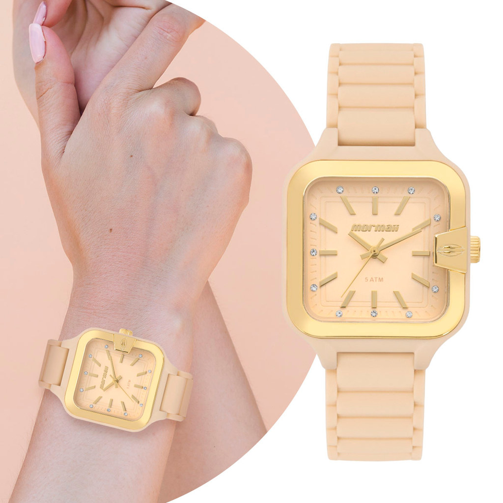 Relógio Feminino Nude e Dourado Quadrado Fashion Mormaii