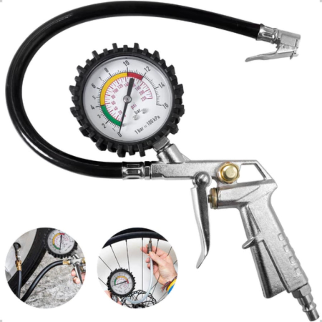 Calibrador e Inflador de Pneus Profissional com Manômetro Integrado – 220 PSI / 16 BAR