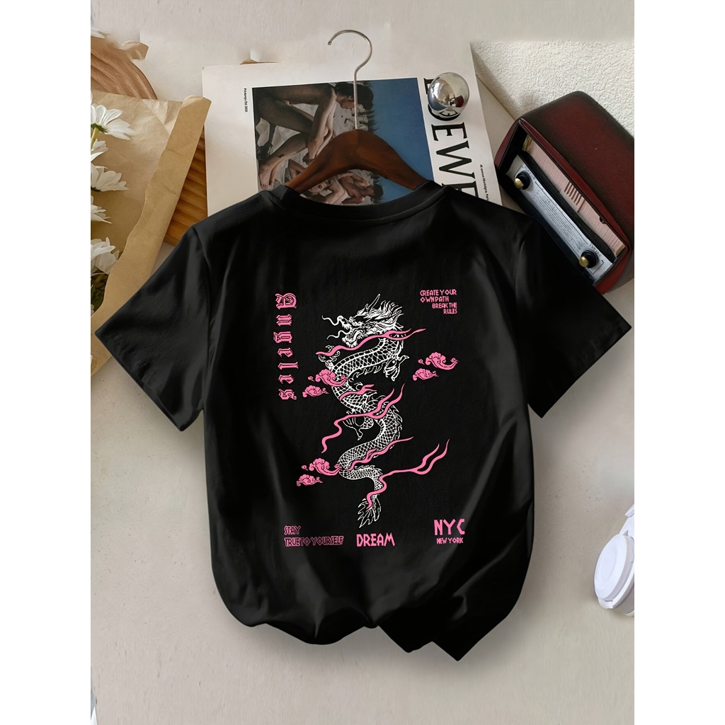 Camiseta Feminina T-shirt Estampada Dragão – Blusa Casual Gola Redonda Poliéster Confortável