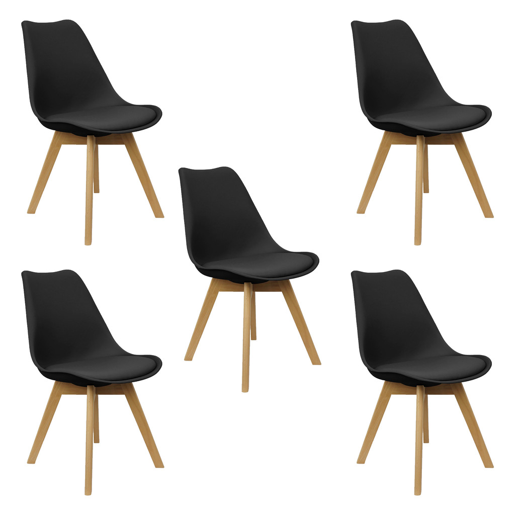 Kit 5 Cadeiras Charles Eames Leda Luisa Saarinen Design Wood Estofada Base Madeira