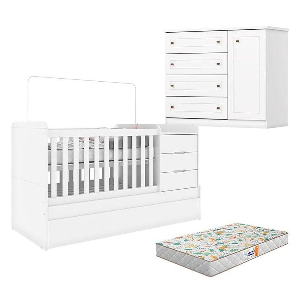 Berço Multifuncional Cleo E Cômoda Infantil Mississipi Branco Fosco Com Colchão Gazin - Henn