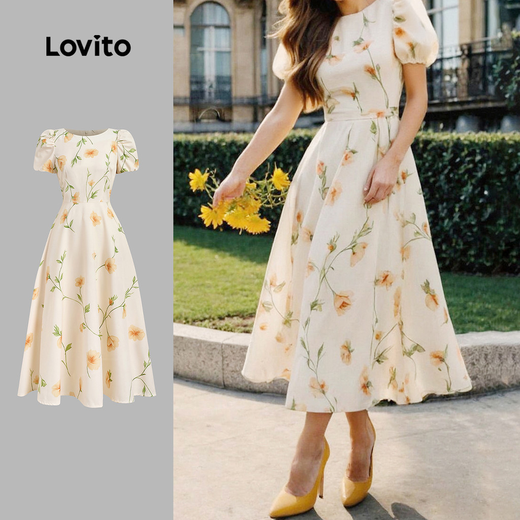 Lovito Vestido Boho Primavera/verão Vestido de Damasco para mulheres L154ED473 em Oferta na Shopee