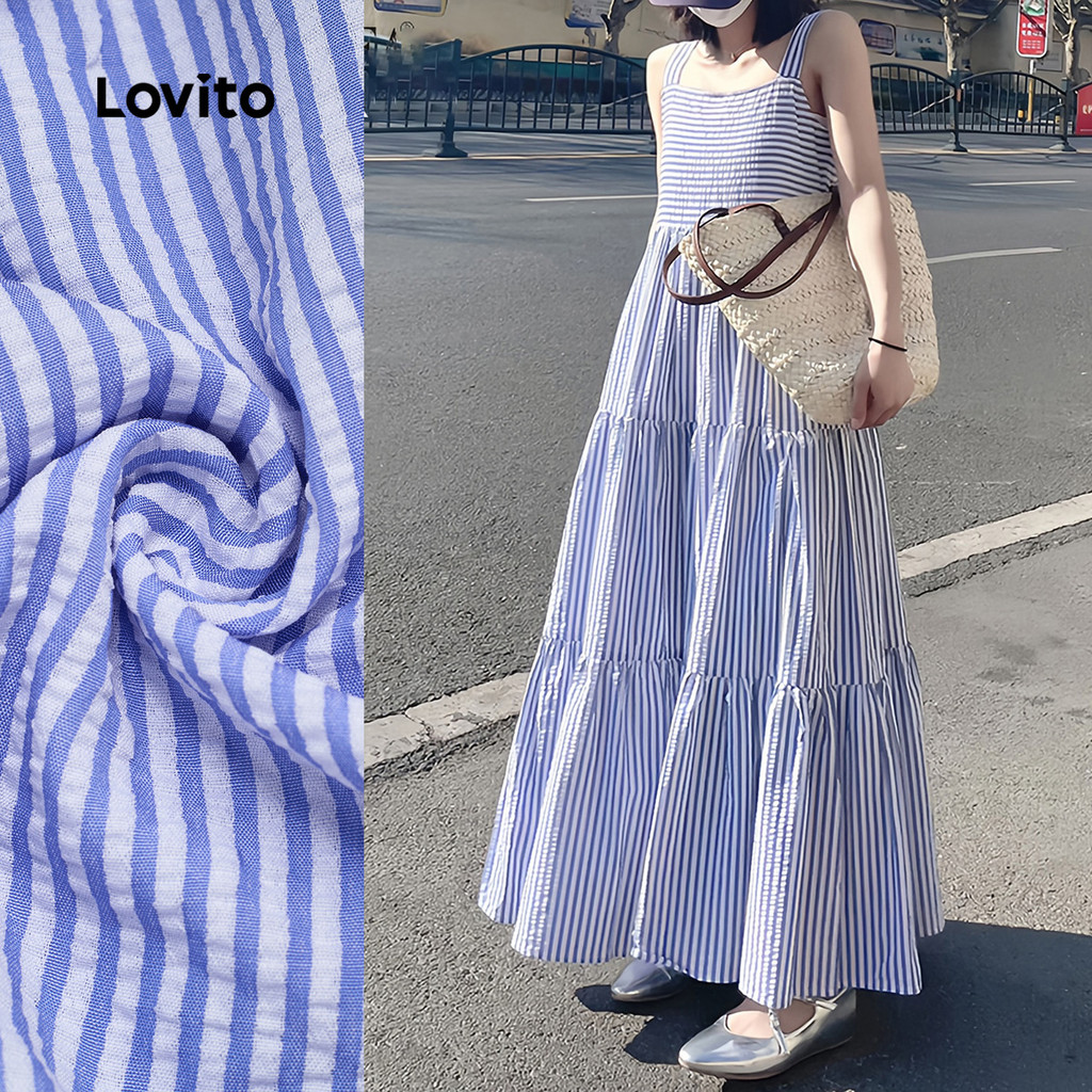 Lovito Vestido Casual em Camadas com Estampa em Tons de Azul para Primavera/verão para mulheres LBL30101 em Oferta na Shopee