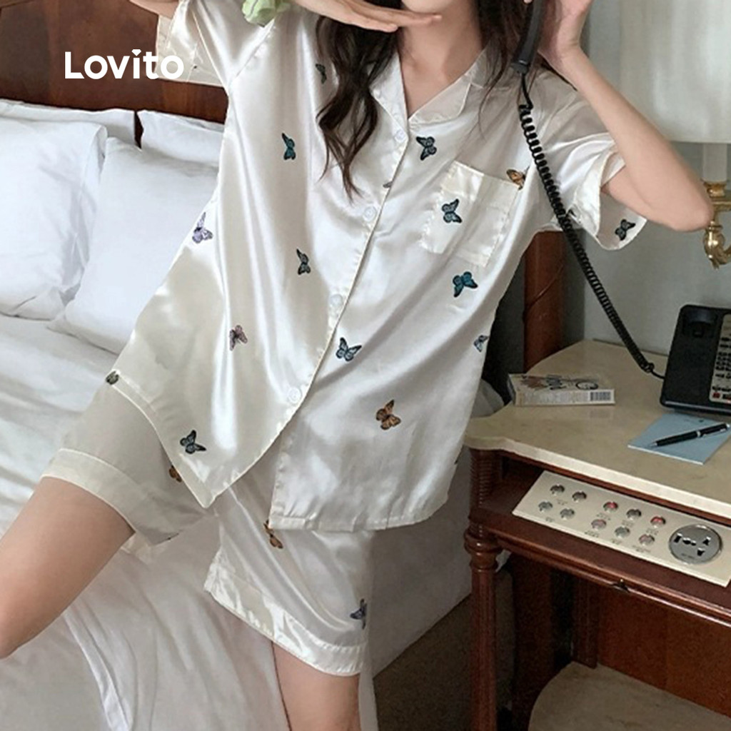 Lovito Conjunto de Pijama de Seda Elegante Perfeito para Usar em Casa Satin e Seda Mãe/Verão para Mulheres LNE121121