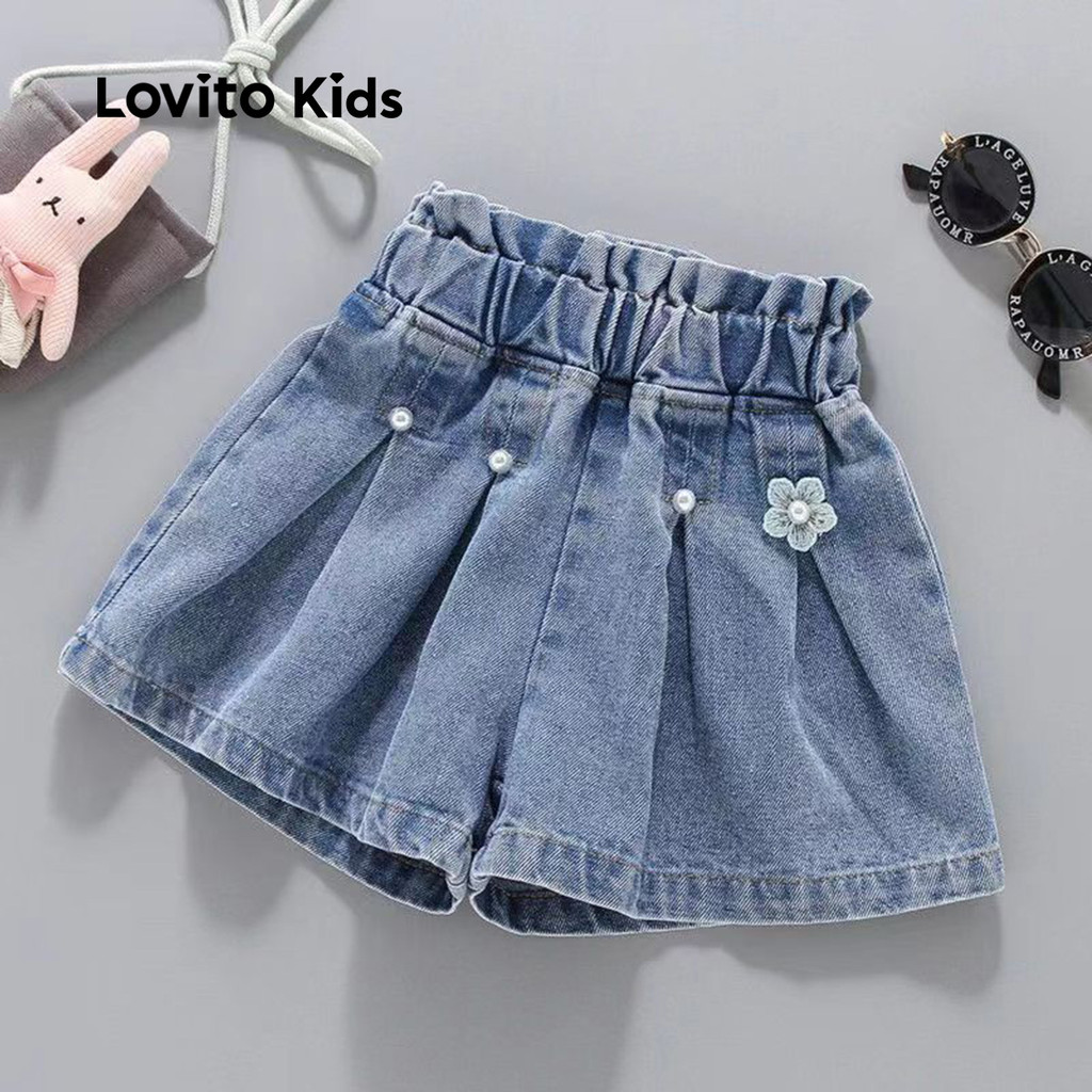 Lovito Kids Shorts Casuais Pregueadas Primavera/verão Shorts Azuis para Menina LNL123166 em Oferta na Shopee