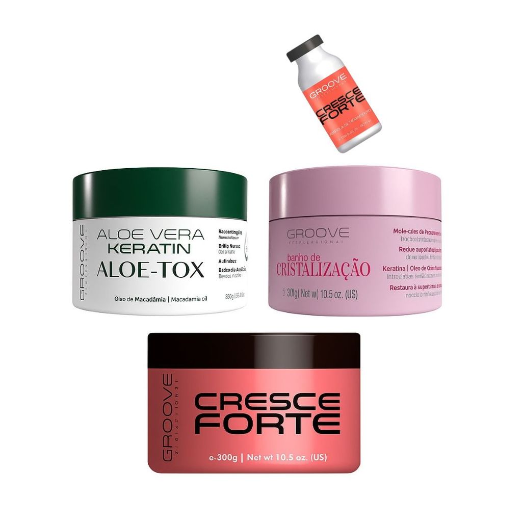 Kit 3 Tratamentos Groove | Aloe-Tox + Máscara Cresce Forte + Cristalização + Ampola Brinde