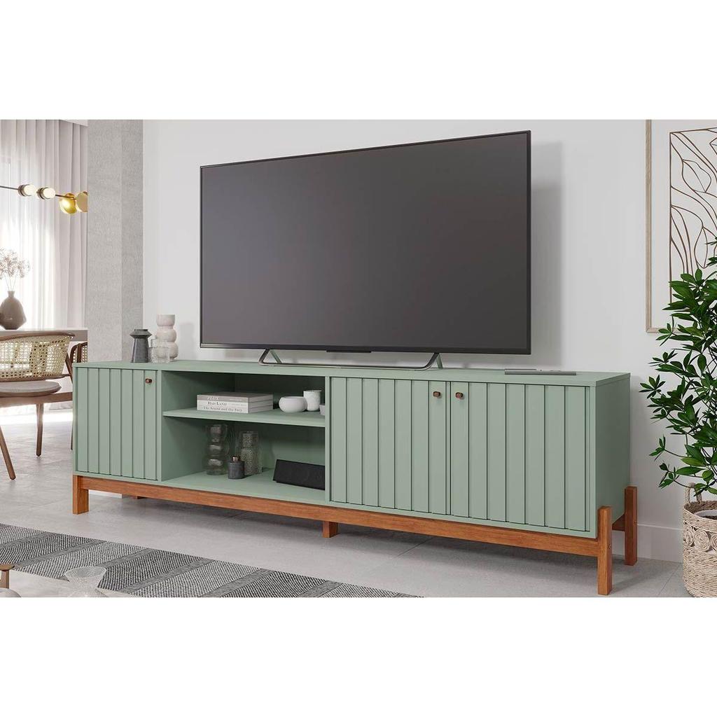 Rack Bancada p/TV até 70 pol Holanda 100% MDF c/ Nichos e Pés 205cm Salvia/Cinamomo - Permóbili em Oferta na Shopee