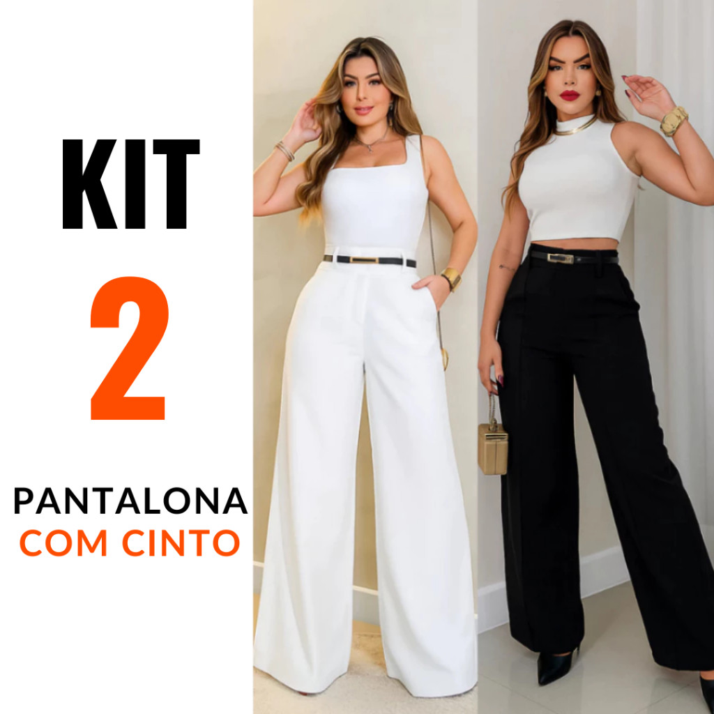 Kit 2 Calça Pantalona Zíper Lateral Com Cinto Alfaiataria Feminina Cintura Alta Flare Social Com Bolsos