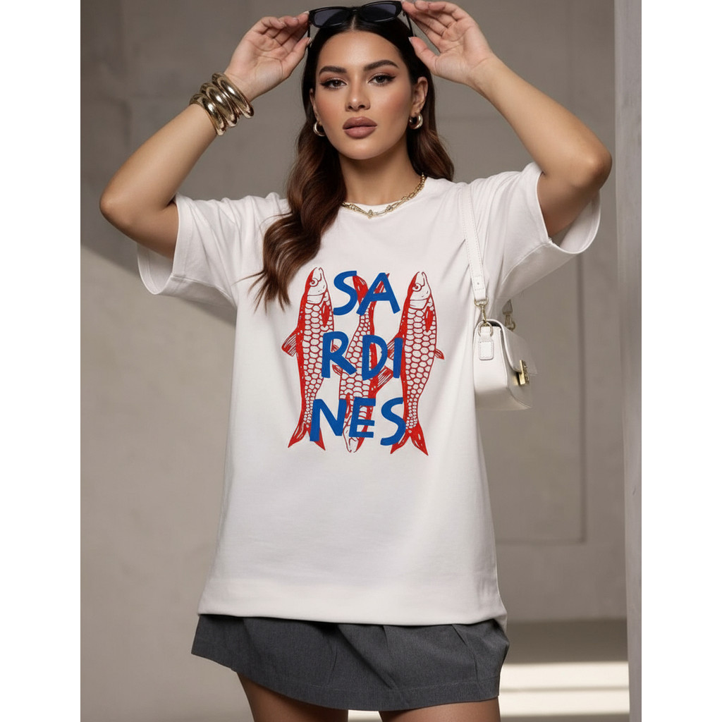 Camisetão Overs Sardinha Estampada Estampa Feminina Sardines Oversized Algodão Confortavél Estilosa