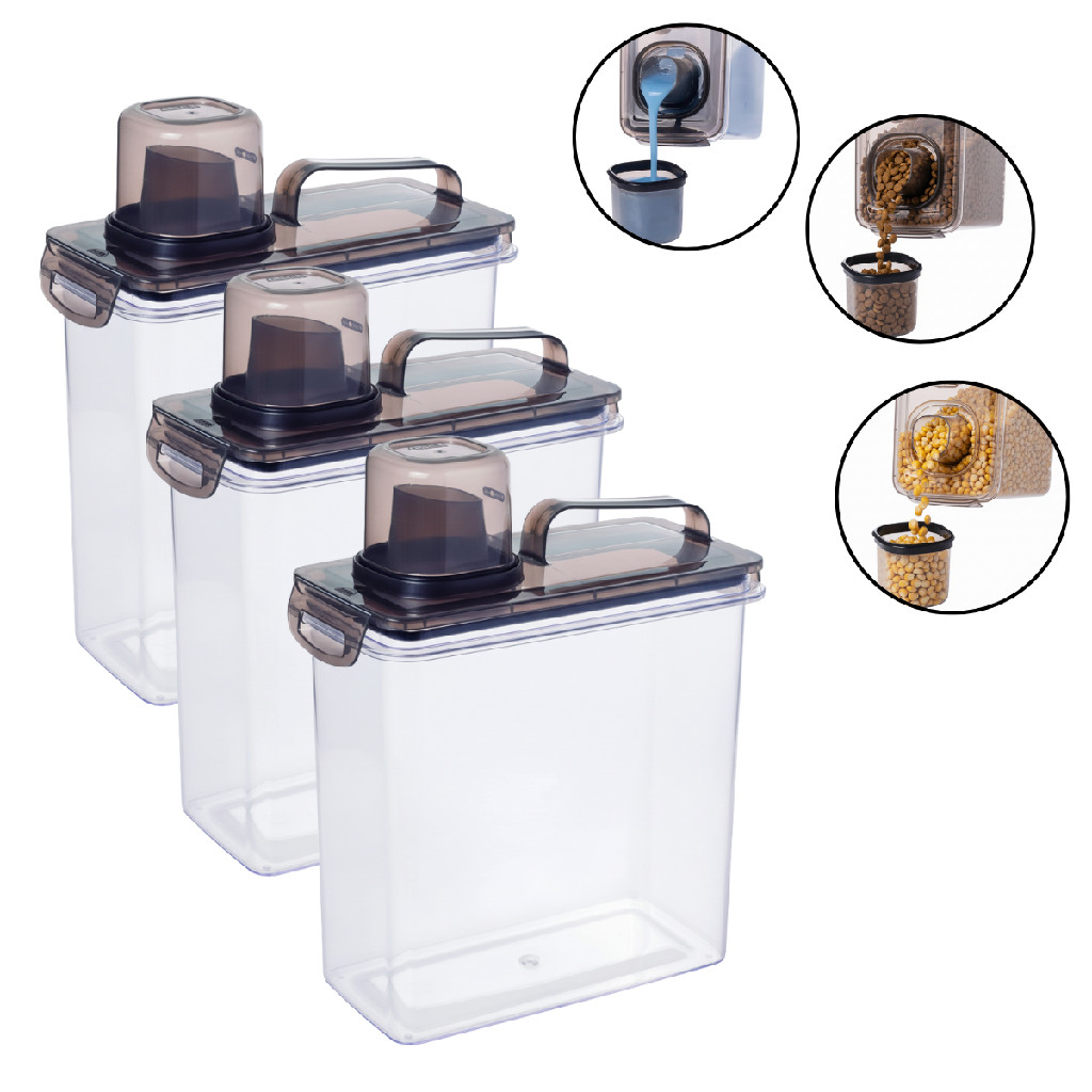 Kit 3 Dispenser Hermético com Trava e Bico Dosador Organizar Mantimentos Cereais Sabão Amaciante Cozinha Lavanderia