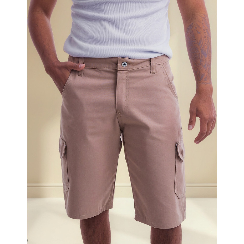 Bermuda Cargo Brim 6 Bolsos Sarja Social Slim Masculino