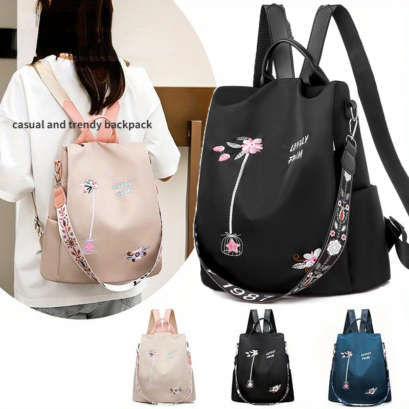 Mochila Feminina Nylon Bolsa De Ombro À Prova D'Água Anti-Roubo Bolsa Bordado Design em Oferta na Shopee