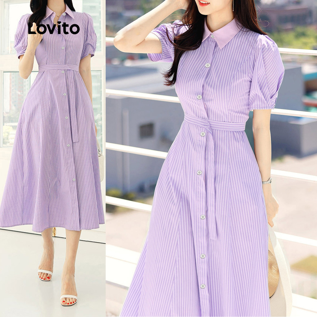 Lovito Vestido Elegante Com Botão Frontal Linha Verão Primavera Vestido Roxo Para Mulheres L140ED2D013