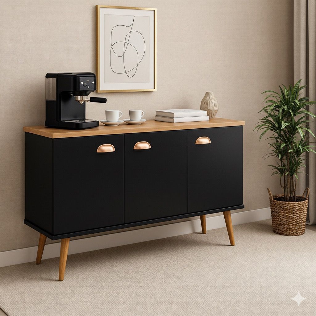 Aparador Buffet para Cantinho do Café Estilo Retrô - com Pés Palito, 3 Portas e 1 Prateleira Interna