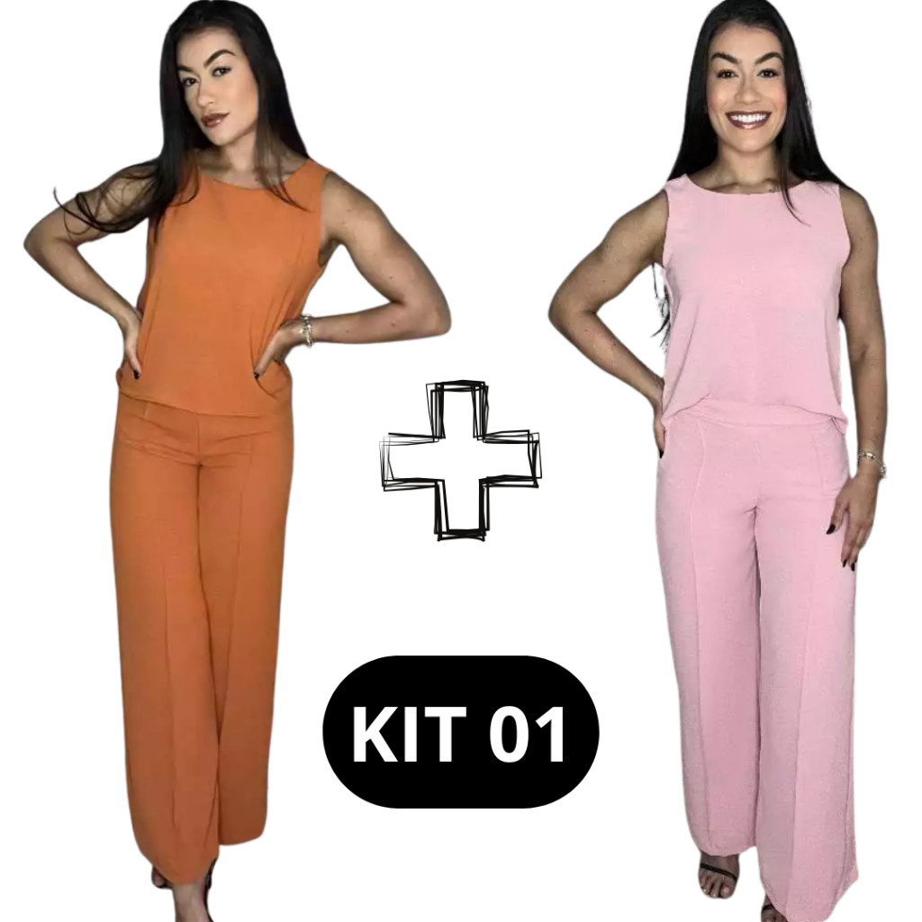 Kit 2 Conjuntos Conjunto Feminino Crepe Dunas Blusa + Calça Conjunto Com Duas Peças