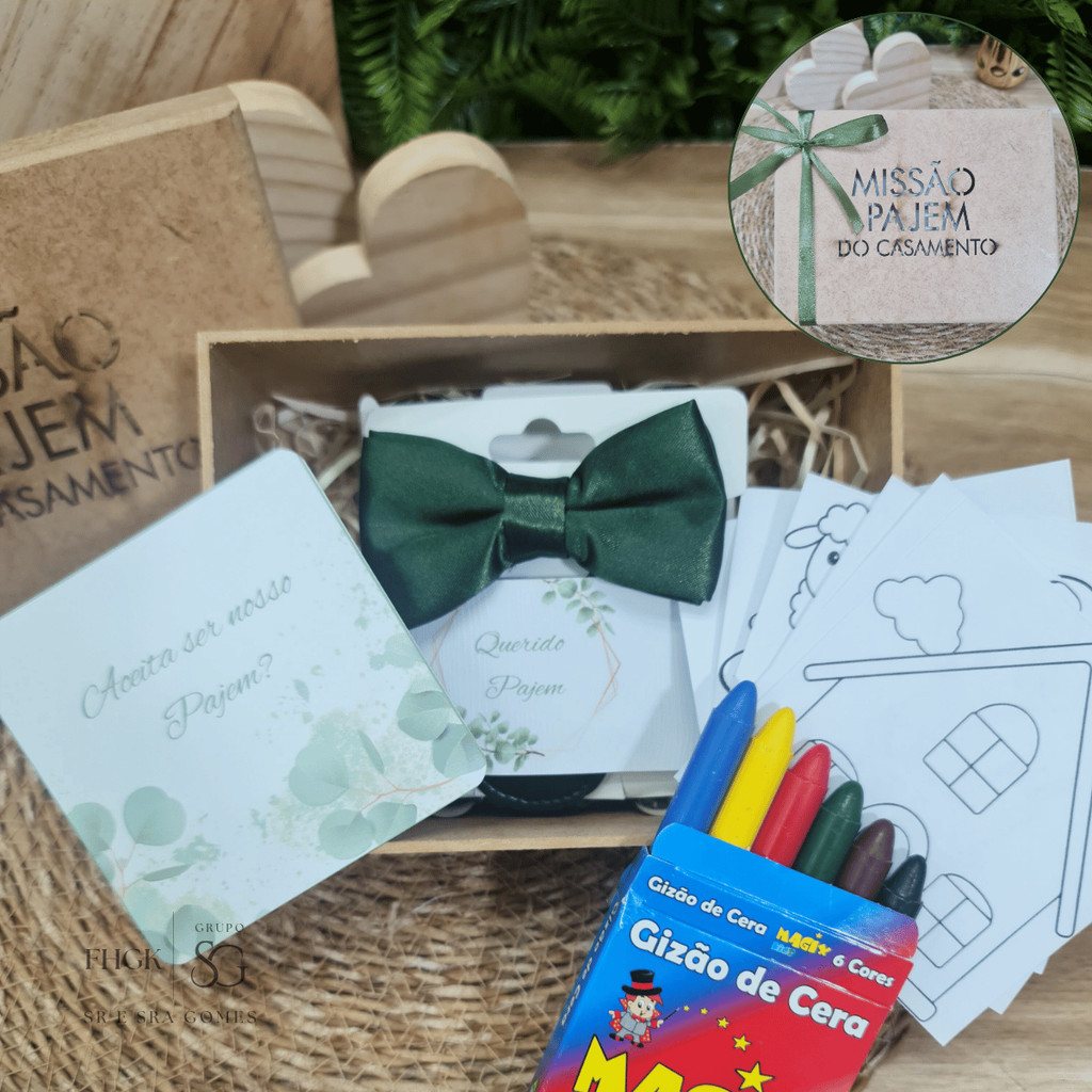 Caixa para Pajem com ou sem Itens Kit suspenório + caixa + desenhos para colorir+ Giz de Cera