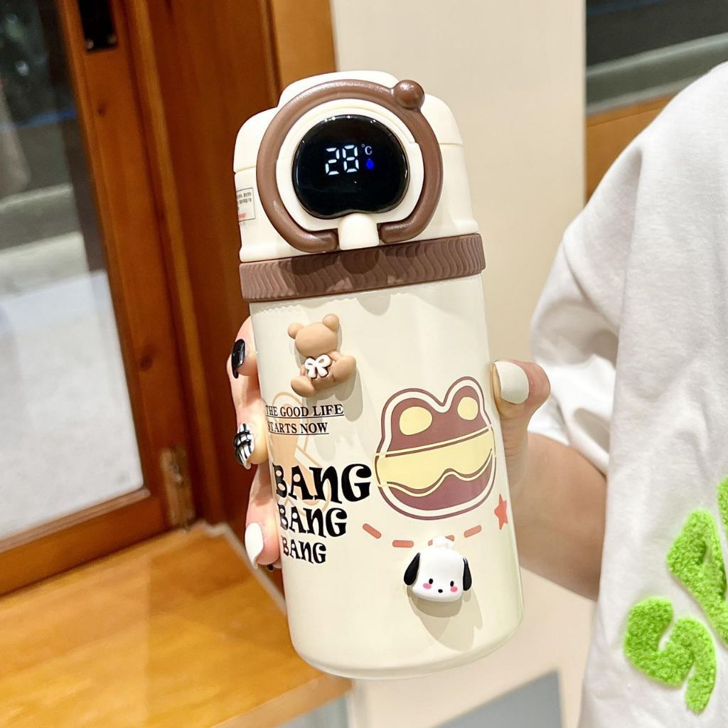 Garrafa Térmica Infantil Inteligente 500ml com Canudo, Display de Temperatura e Design Fofo – Aço Inoxidável