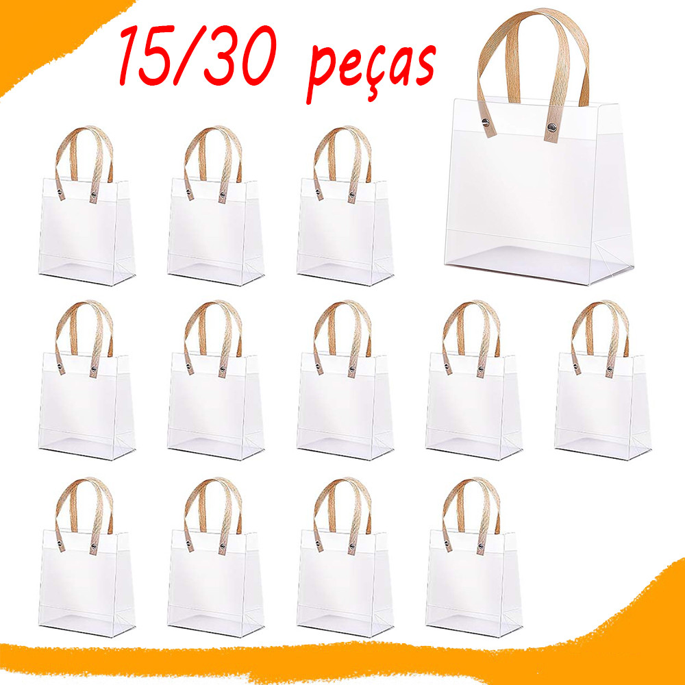 15/30 peças Sacos de oferta transparentes com pegas de plástico impermeável fosco para festas de aniversário 16x13x8 cm