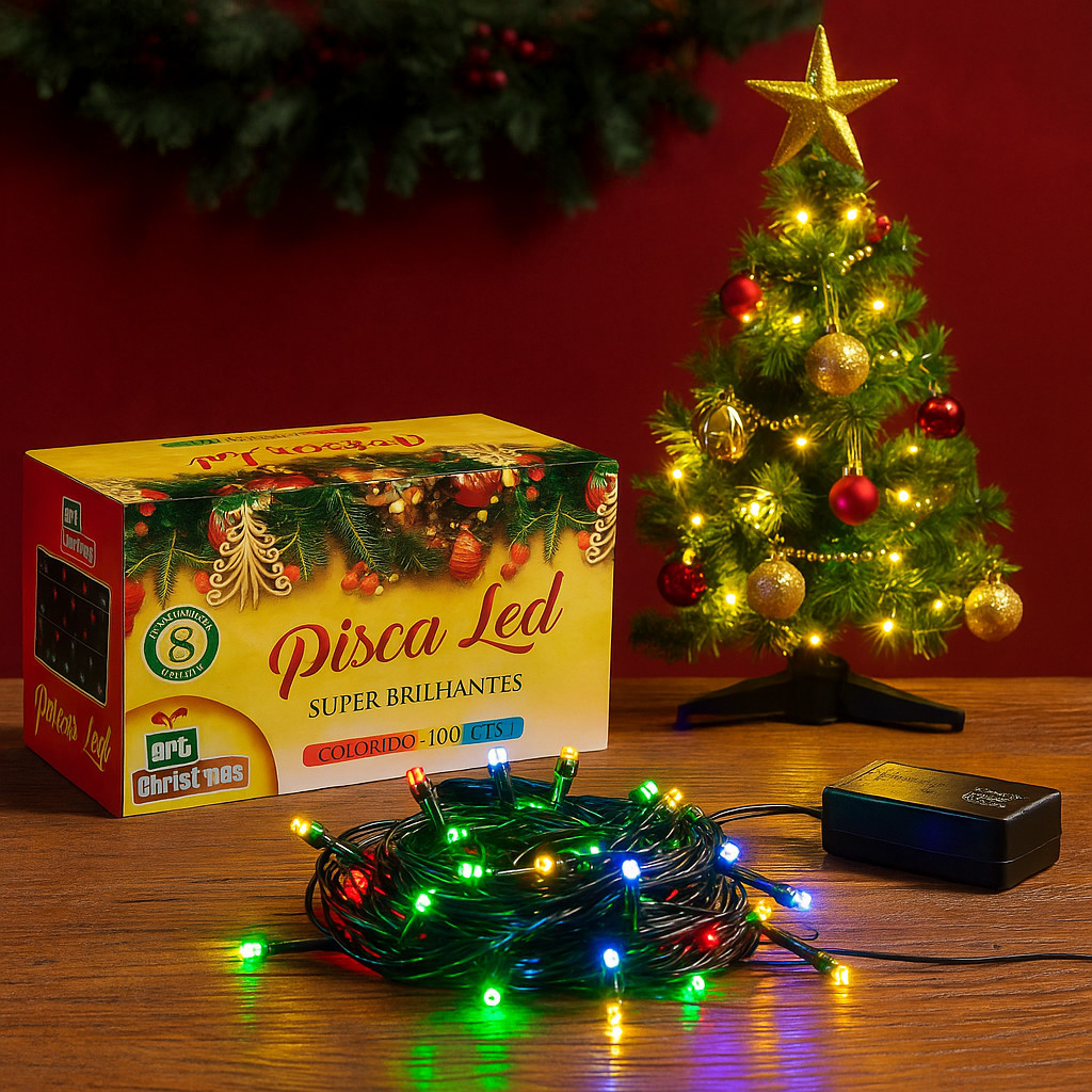 Cordão Pisca Pisca Led De Natal 100 Lâmpadas 8 Metros Colorido Super Brilhante Art Christmas